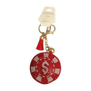 Glam Red Rhinestone Poker Chip Key Holder with Tassel
